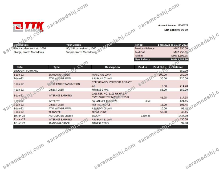 Macedonia TTK bank statement